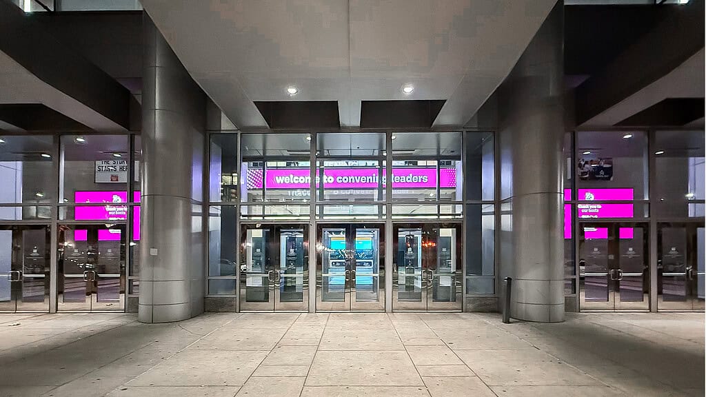 digital displays welcoming guests to an event